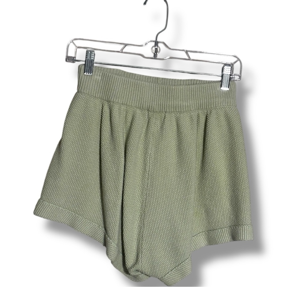 Lily High Waist Mint Green/Cream Elastic Waist With Drawstring Knit Micro Shorts - Picture 6 of 11